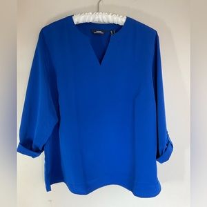 Lands’ End cobalt blue split neck blouse with roll-up sleeves